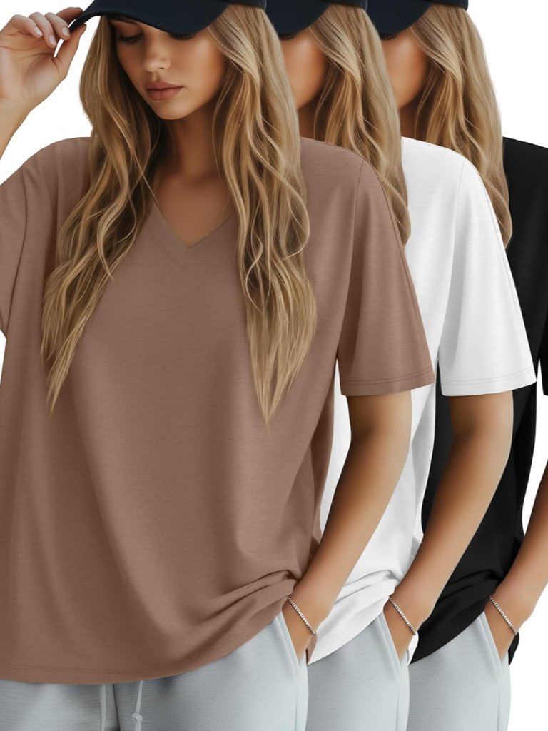 3 Pack Women's Oversized Cotton T-Shirts V Neck Loose Fit Casual Workout Tees So